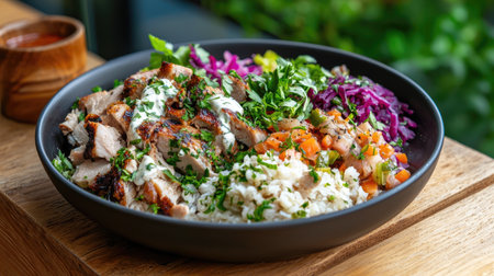 A beautifully plated dish showcasing grilled chicken, rice, and vibrant vegetables garnished with fresh herbs. Ideal for healthy eating and culinary inspiration.の素材