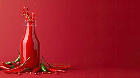 A vibrant red chili sauce bottle with flying chili peppers and drops captures the essence of spicy flavor, perfect for culinary inspiration and food design.の素材