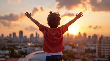 A carefree child stands silhouetted against a vibrant sunset, arms wide open, embodying freedom and joy amidst an urban skyline. A perfect moment capturing innocence and exploration.の素材