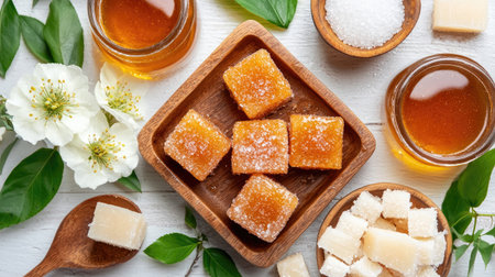 A vibrant arrangement showcasing sugar cubes, honey jars, and fresh green leaves. Perfect for culinary themes and sweet recipe inspirations.の素材