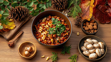 A vibrant vegetarian chili bowl is surrounded by autumn leaves and rustic decorations on a wooden table, showcasing warmth and comfort in a delicious meal.の素材