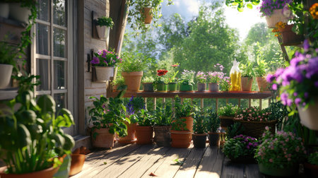 A picturesque balcony garden showcasing an array of vibrant flowers and lush plants basking in warm sunlight, perfect for relaxation and nature lovers.の素材