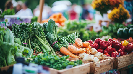 Discover a vibrant display of fresh organic vegetables at an outdoor farmers market stall, showcasing colorful produce perfect for healthy meals and vibrant dishes.の素材
