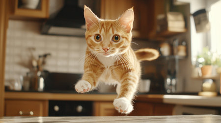 A cheerful ginger cat leaps joyfully in a bright kitchen, showcasing its playful spirit. The image captures a moment of agility and curiosity, perfect for pet lovers.の素材