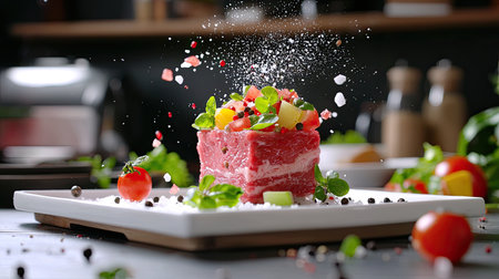 A vibrant culinary display featuring fresh ingredients like meat and vegetables. Perfect for food lovers and cooking enthusiasts, this image showcases the art of presentation in modern cuisine.の素材