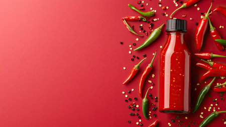 This vibrant image features a bottle of red hot sauce surrounded by fresh chili peppers on a striking red background, perfect for food-related projects.の素材