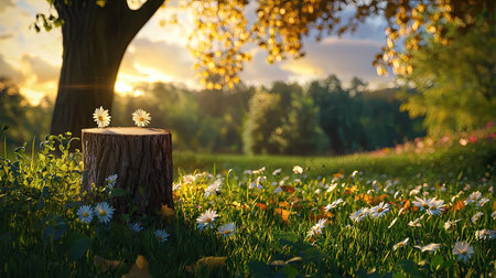 A stunning scene of a sunset illuminating a meadow filled with daisies, accompanied by a rustic tree stump. The tranquil atmosphere invites relaxation and appreciation of nature's beauty.の素材