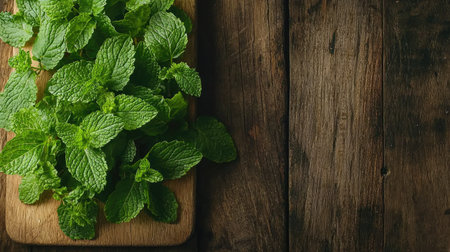 Fresh green mint leaves arranged on a wooden cutting board, showcasing vibrant colors and textures perfect for culinary uses or natural decor. Ideal for cooking or garnishing dishes.の素材