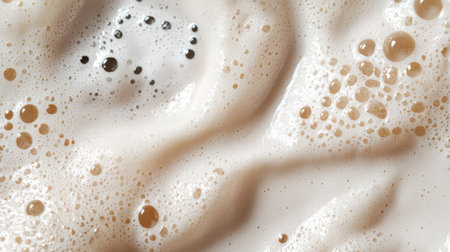 A close-up view of frothy coffee showcasing a creamy texture and mesmerizing bubble patterns. The warm tones create an inviting and rich atmosphere.の素材