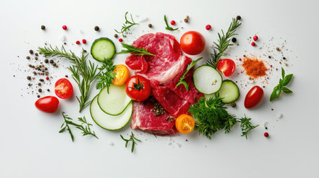 A colorful arrangement of raw meat, fresh vegetables, and aromatic herbs, perfect for culinary inspiration. Ideal for cooking enthusiasts and food blogs.の素材