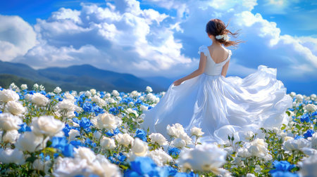 A young woman in a flowing white dress stands amidst a colorful flower field, embracing the beauty of nature. The scene captures joy and serenity under a bright sky.の素材