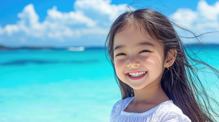 A joyful child with a big smile stands near the turquoise ocean, embodying happiness and carefree spirit. The vibrant beach scene captures the essence of summer fun.の素材
