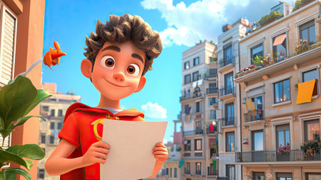 A cheerful animated boy with curly hair stands outdoors, holding blank paper in a sunny urban setting. The colorful city buildings create a vibrant backdrop.の素材