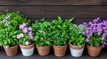 A beautiful arrangement of colorful potted plants showcases vibrant flowers and lush greenery against a rustic wooden backdrop, perfect for garden inspiration.の素材