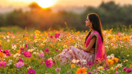 A young woman in traditional attire sits peacefully among vibrant flowers during sunset, radiating beauty and tranquility in a serene outdoor setting.の素材