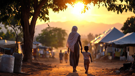 A mother and child walk hand in hand at sunset, showcasing a moment of connection and tranquility in a community camp. The warm light creates a peaceful atmosphere.の素材