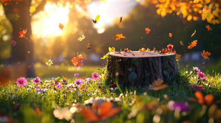 A stunning autumn scene showcasing a tree stump surrounded by colorful flowers and fluttering leaves, capturing the essence of nature's beauty and tranquility.の素材