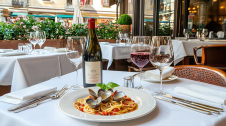 Experience a cozy Italian dining atmosphere featuring spaghetti with clams, a fine red wine, and elegant table settings perfect for a romantic meal or celebration.の素材