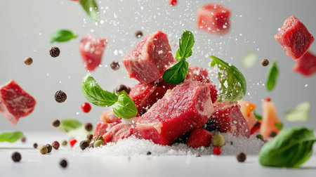Vibrant fresh raw meat pieces surrounded by herbs and spices, capturing the essence of cooking. Perfect for culinary-related projects and food photography.の素材