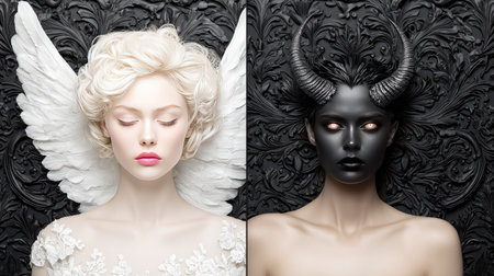 This striking image captures the duality of beauty and darkness, featuring an angelic figure with white wings and a demon with black horns, showcasing elegance and contrast.の素材