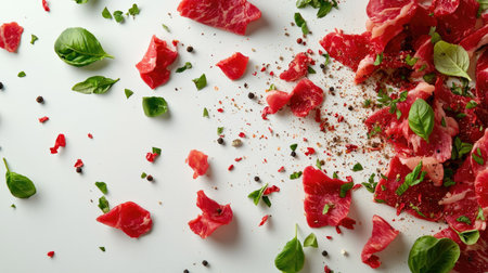 Bright and colorful arrangement of fresh red meat with herbs and spices laid on a clean white background, perfect for culinary presentations and food styling.の素材