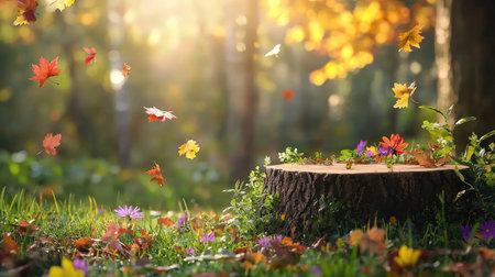 A serene autumn scene featuring colorful leaves swirling in the air around a wooden stump with blooming flowers. Natural sunlight filters through the trees, creating a peaceful atmosphere.の素材