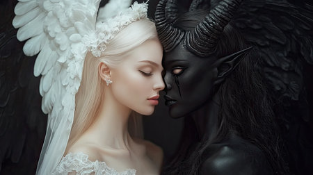 This captivating portrait contrasts an angelic figure with a dark demon, embodying themes of duality and coexistence. A surreal blend of beauty and emotion.の素材