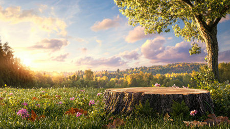 A tranquil landscape featuring a tree stump amidst vibrant autumn foliage. The warm sunlight bathes the scene, creating a peaceful atmosphere perfect for nature lovers.の素材