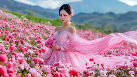 A stunning woman in a flowing pink dress stands gracefully in a vibrant flower field, capturing the essence of beauty and nature in a serene spring setting.の素材