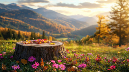 A serene autumn landscape featuring a tree stump adorned with colorful flowers, set against a backdrop of vibrant mountains and warm sunset hues.の素材