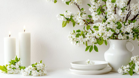 A serene arrangement featuring white flowers in a vase, complemented by white candles and plates. Ideal for bringing elegance and tranquility to any space.の素材
