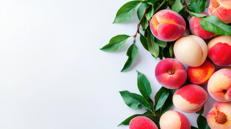A stunning arrangement of fresh peaches with green leaves on a clean white background. Perfect for promoting healthy eating, summer recipes, and fruit markets.の素材