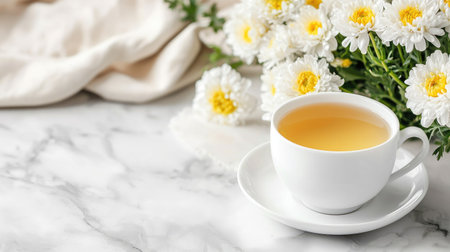 A serene setting featuring a white cup of fresh tea beside beautiful chrysanthemums on a marble surface, capturing a moment of relaxation and tranquility.の素材