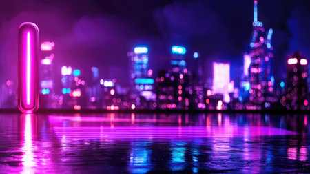 A stunning futuristic cityscape at night filled with vibrant neon lights and colorful reflections. An artistic portrayal of urban beauty and modern design elements.の素材