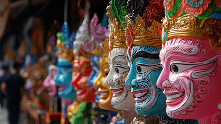 A vibrant display of intricately designed traditional statues showcasing vivid colors and beautiful craftsmanship, representing cultural heritage and artistic expression.の素材