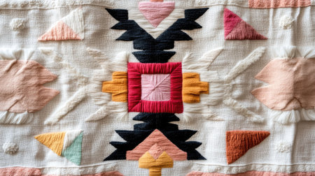 This vibrant textile art piece features intricate geometric patterns and rich colors, showcasing detailed stitching techniques. Perfect for creative decor.の素材