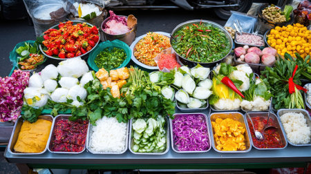 Explore a vibrant street food market filled with fresh vegetables, colorful spices, and aromatic herbs, showcasing the richness of local culinary traditions and ingredients.の素材