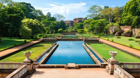 A stunning garden landscape featuring tranquil water features and lush greenery. This serene setting is perfect for relaxation and outdoor enjoyment, showcasing natural beauty.の素材