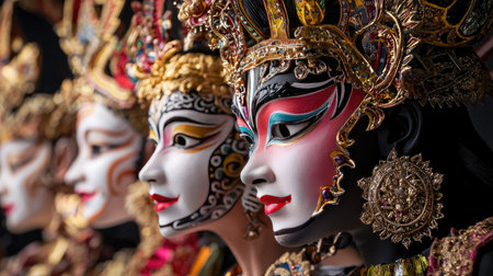 This stunning image showcases a collection of colorful traditional masks, emphasizing intricate details and cultural significance in artistic expression and performance art.の素材
