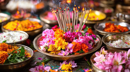 A vibrant display of colorful flowers and incense sticks designed for rituals, capturing the essence of tradition and celebration in a serene setting.の素材