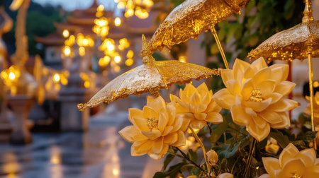 Charming scene featuring beautiful golden lotus flowers and intricately designed umbrellas glimmering in warm light, creating a serene atmosphere perfect for outdoor celebrations.の素材