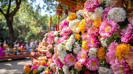 A stunning display of vibrant flowers brightens an outdoor celebration, creating a joyful atmosphere filled with color and beauty. Perfect for event themes!の素材