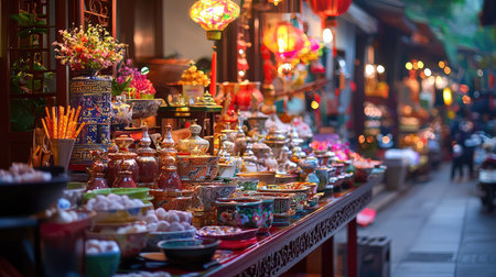 Explore a vibrant market scene filled with colorful decor, traditional products, and an enchanting atmosphere perfect for capturing the essence of local culture.の素材