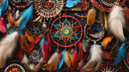 Explore a vibrant collection of colorful dream catchers adorned with feathers and beads, showcasing a blend of traditional craftsmanship and modern artistry.の素材