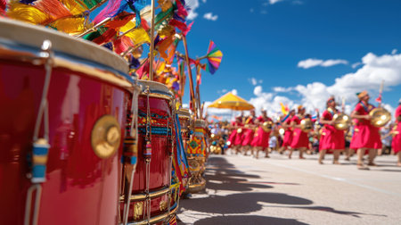 Immerse in the vibrant atmosphere of a cultural parade with colorful drums and lively performers celebrating traditions through music and dance under a bright blue sky.の素材