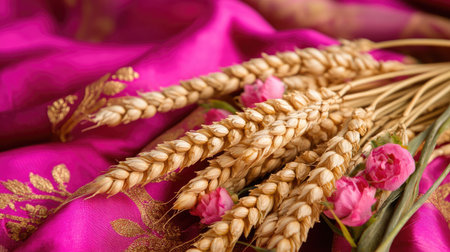 A stunning arrangement of golden wheat stalks alongside delicate pink roses, set against a vibrant pink fabric. Perfect for themes of nature, celebration, and agriculture.の素材
