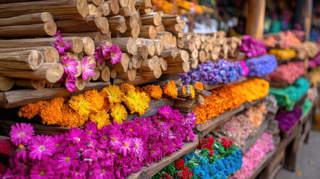 A lively scene featuring colorful flowers stacked on wooden shelves in a bustling marketplace. The vibrant arrangement showcases various blooms, perfect for spring decorations.の素材