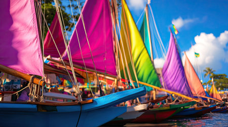 A striking view of colorful sails on traditional boats in a tropical harbor. The vibrant hues create a festive atmosphere, perfect for summer adventures.の素材