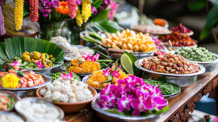 A vibrant display of fresh tropical fruits and colorful floral offerings showcases the beauty of nature. This arrangement captures the essence of local markets and traditions.の素材