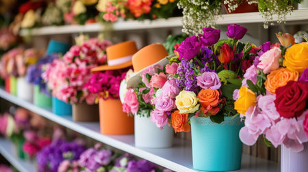 A captivating display of vibrant floral arrangements in colorful buckets, showcasing roses, orchids, and seasonal blooms. A perfect touch for any occasion.の素材